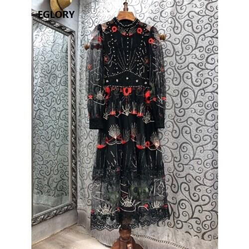 Best Quality New 2021 Spring Long Party Evening Vestidos Women Hand Made Beading Embroidery Lace Patchwork Long Black Maxi Dress