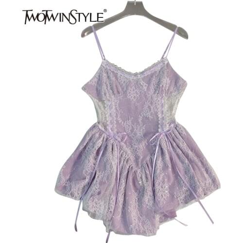 TWOTWINSTYLE Casual Sequins Dress For Women V Neck Sleeveless High Waist Patchwork Lace Mini Dresses Female Summer Fashion Style