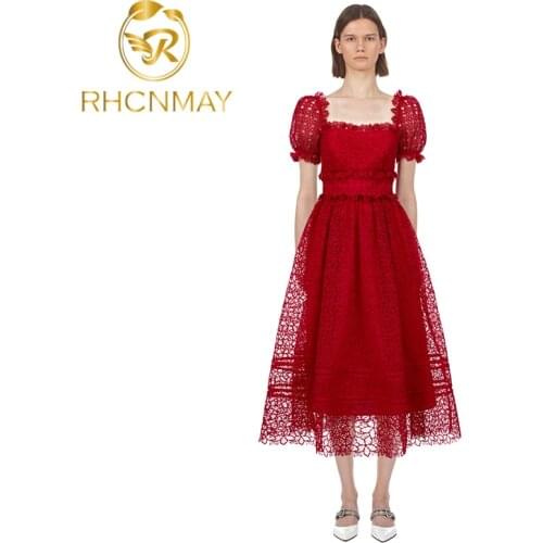 Runway Summer New Self Portrait Women Square Collar Ruffles Long Dresses Puff Sleeve Hollow Out High Waist Holiday Party Dress