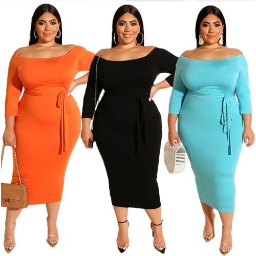 Large size womens solid color Off Shoulder, collar dress summer club boho fitting long sleeve dress with belt african dresses