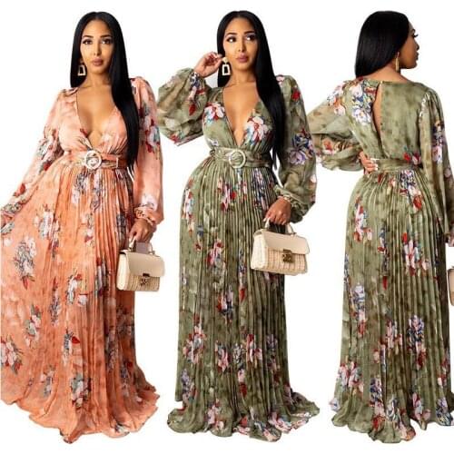 2021 New Autumn Special Craft Crepe Big V Neck Flower European And American Print Sexy Dress Vestido Vfemage Oodji Kadife Elbise