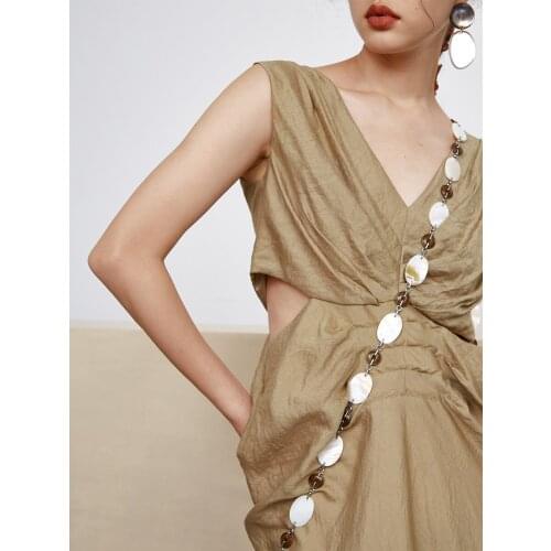 Design sense French Open waist dress womens summer minority temperament thin V-neck dress 0805-11