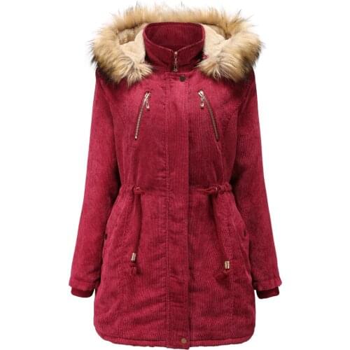 Winter Corduroy Coat Cotton Parka Overcoat Women Thick Long Warm Faux Fur Red Jacket Female Girls Hooded Parka Jacket Oversize