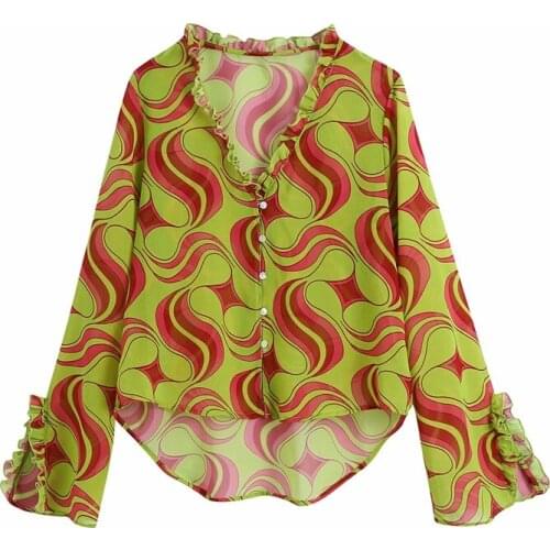 ZXQJ Women 2021 Fashion Geometric Print Ruffled Blouses Vintage Long Sleeve With Vents Female Shirts Chic Tops