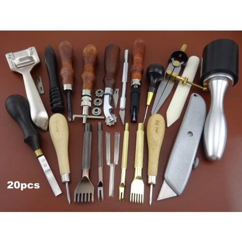 20pcs Leather Craft Edger Beveler Skiver Slicker Burnisher Groover Awl Chisel Tool Set- Knife Cutter Punch Chisel Needle Button