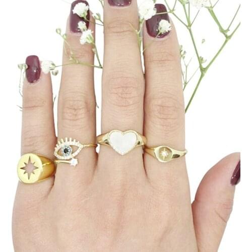 2021 New Arrive Gold Color Micro Pave CZ Engarved North Star Starburst Signet Ring Minimal Delicate Classic Women Finger Jewelry