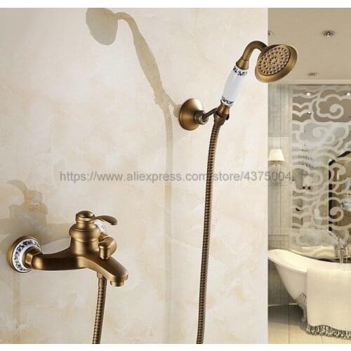 Antique Brass Wall Mounted Bathroom Faucet Bath Tub Mixer Tap With Ceramic Handle Hand Shower Head Shower Faucet Sets Ntf304