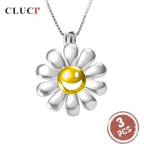 CLUCI 3pcs 925 Sterling Jewelry Silver Sun Flower Pendant for Women Necklace Silver 925 Pearl Pendant Locket SC266SB