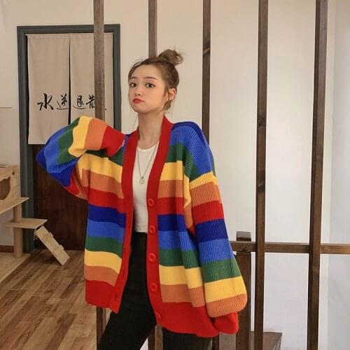 Loose Cardigan Casual Women Jacket Autumn Korean Ins Harajuku Sweet Rainbow Stripes Long-sleeved Knit Sweater Women