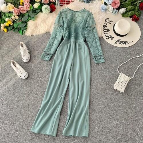Spring Summer Jumpsuit Lace Overalls for Women Korean Vintage Elegant Straight Full Length Pants Rompers Womens Jumpsuit ZT5291