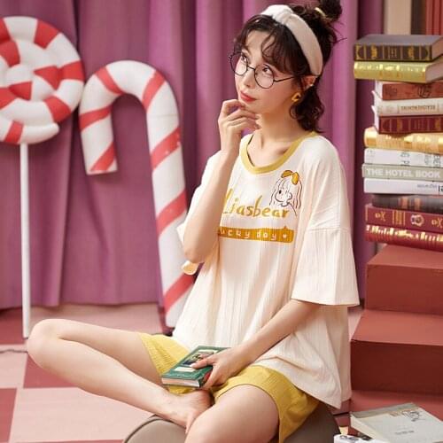 For Women 2021 Summer Cotton Loose Leisure Short Sleeve Top Pant Female Sleepwear Home Wear Cloth New Princess Style Pajamas Set