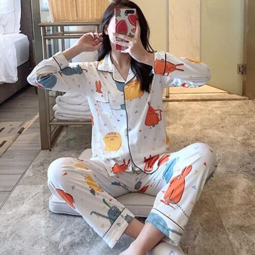 2019 New Women Pajamas Set Long Sleeved Cardigan Shirt + Trousers Two Piece Suit Fashion Home Wear Lapel Printed Sets
