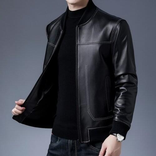 2021 spring new brand mens clothing Korean style slim mens stand-up collar long-sleeved leather jacket mens wool leather jack