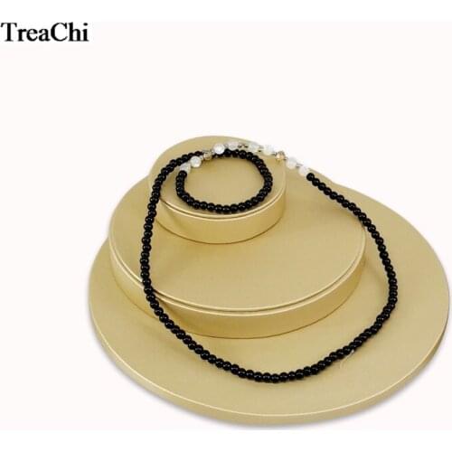 New Creative Kit Of 3Pcs Round Jewelry Counter Showcase Gold PU Necklace Earring Stud Jewelry Display Organizer Stand Rack