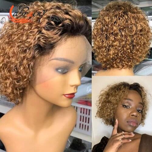 Short Cut Pixie Bob Swiss Transparent Lace Highlight Honey Blonde Kinky Curly Frontal Human Hair Wigs Colored Woman 1B27 13X2