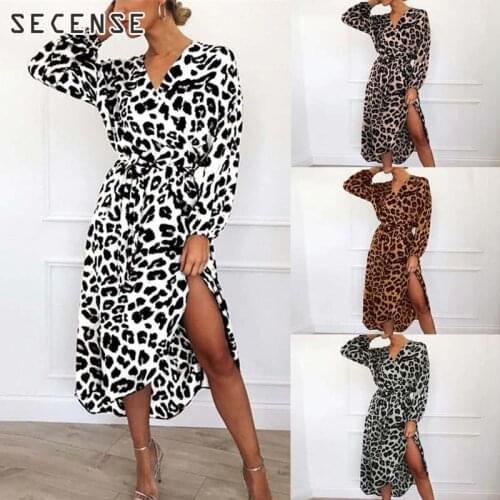 Lace Up Dress Leopard v Neck Mid-Calf Long Sleeve Office Dress Spring Autumn Elegant Women Clothing SECENSE