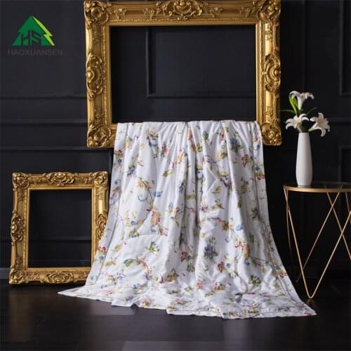 White Tencel 500 Thread Count Fabric Thin Quilt Floral Pattern Summer Comforter Adult Double Bed Cover Queen King Size Blanket