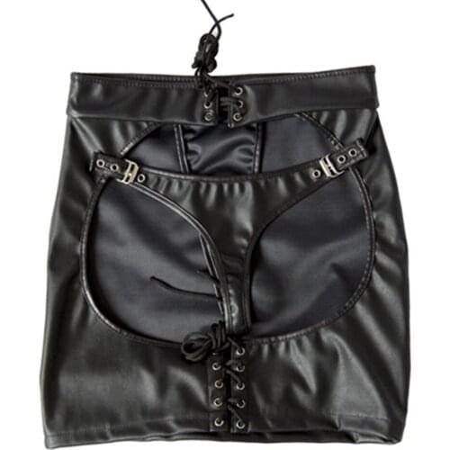Adjustable Bandage Open Ass Hip Faux Leather Skirts Womens Fetish Erotic Open Butt ClubWear Mini Skirt