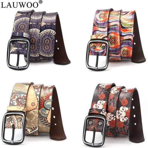 LAUWOO Women Belt Luxury Brand Genuine leather belt for men fashion Printing belts for women Retro Unisex Casual Jeans Belts