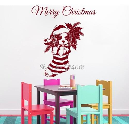 Merry Christmas Vinyl Wall Decals Christmas Gift Sock Dog Wall Sticker Festival Home Decoration Bedroom Home Decor Murals M65