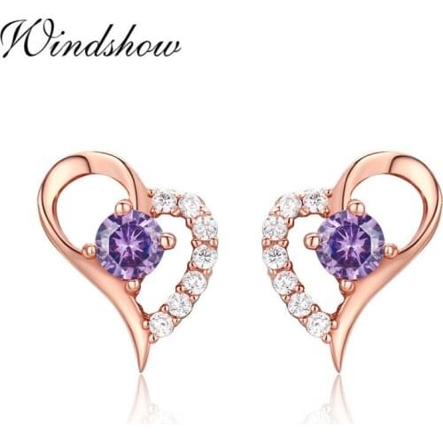 Cute 925 Sterling Silver Rose Gold Color Heart Purple CZ Stud Earrings For Women Girls Kids Jewelry Orecchini Aros Aretes Gift