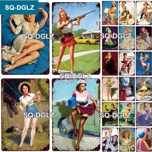 [SQ-DGLZ] Pinup Girl Metal Sign Vintage Plaque Tin Sign Wall Decor For Bar Pub Metal Crafts Retro Party Poster Gift Custom
