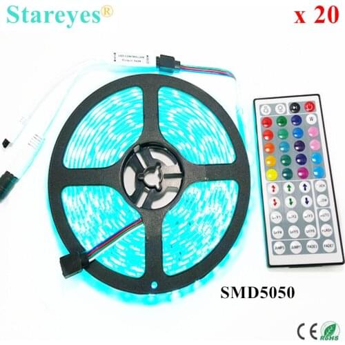 Free Shipping 20 sets SMD 5050 60 LED/M RGB Strip 5M 300 LED DC12V LED Tape light string lighting LED Strip 44 Key IR Remote