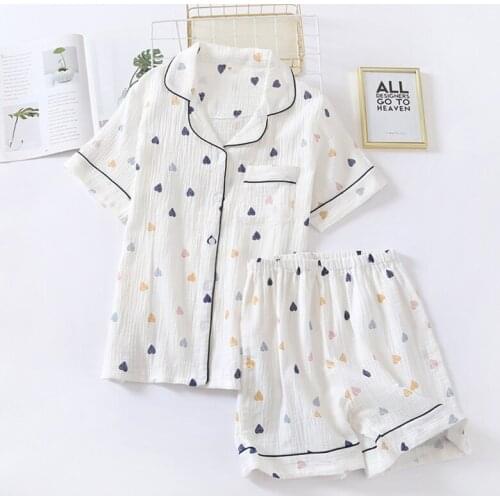 Japanese Summer New Ladies Short Sleeve Shorts Pajamas Suit Cute Heart-Shaped Thin Section Home Service Suit Woman 2pcs