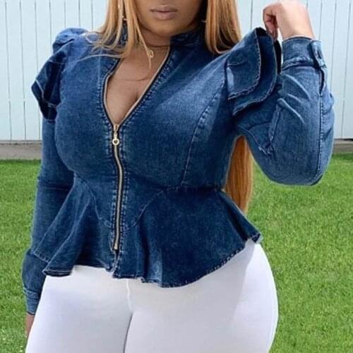 SCSTRONGER Plus Size Women Jacket Ruffle Zipper Cardigan Washed Denim Jacket Large Size Long Sleeve Womens Clothing New