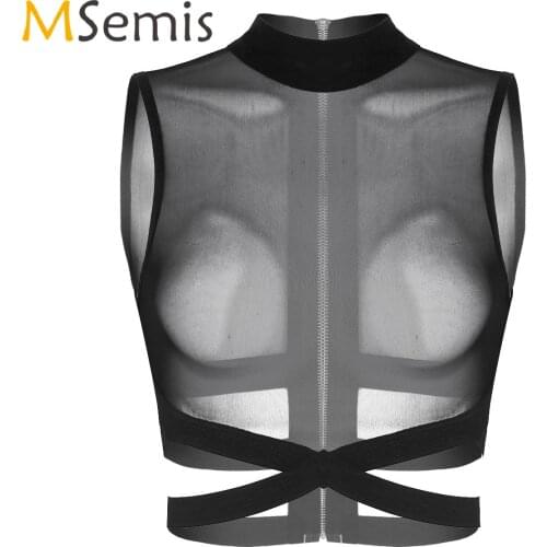 Black Womens Sleeveless Round Neck Sheer Rave Outfits See Through Mesh Zipper Back Elastic Strappy Criss Cross Crop Top Shirts