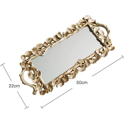 1Pc Rectangular Gingko Leaf Retro Carved Tray Mirror Tea Fruit Dessert Coffee Dessert Table Storage Tray(Golden)