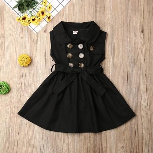 2021 Toddler Baby Girls Retro Dress Sleeveless Double-Breasted Windbreaker Dress Party Pageant Belt Buckle Princess Dress 1-6Y