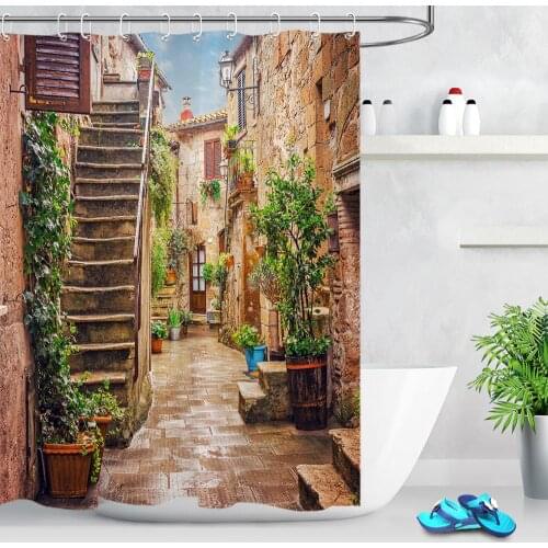 3D Nordic Italy Street Alley Shower Curtains Garden Flowers Scenery Shower Curtains Decoration For Bathroom Fabric Bath Curtain