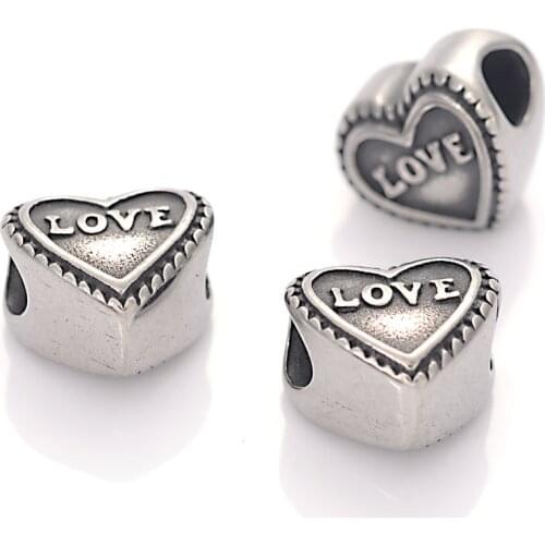5x Retro Stainless Steel Carving Love European Style Heart Large Hole Beads For DIY Snake Chain Charm Bracelets Bangles