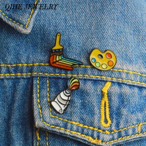 QIHE JEWELRY 3pcs/set Painting Tools Enamel pins Palette Paint Tube Brush Brooches Badges Lapel pins Gift for Painter Artist