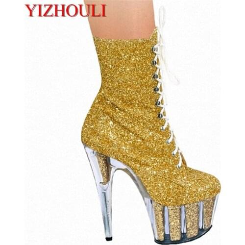 15cm high boots, high heels, stylish and sexy lace-up female boots, model catwalk platform shoes, sequined ankle boots