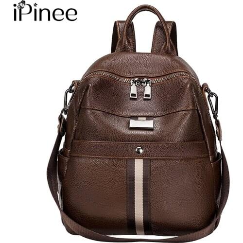 IPinee brand women backpack Genuine Leather shoulder bag female multifunctional backpack fashionable school bags for girls