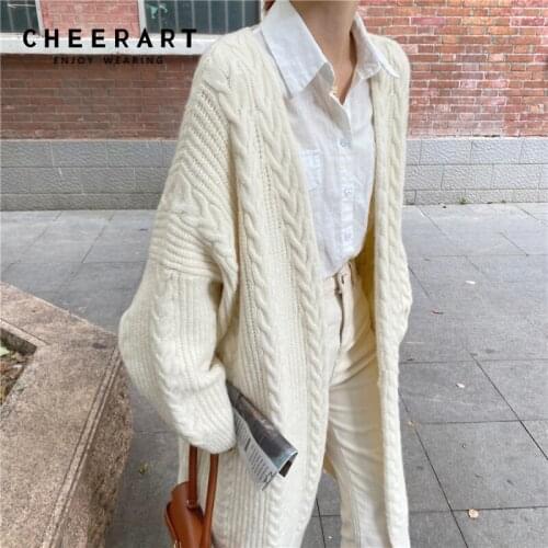 CHEERART Cable Knit Sweater Long Cardigan Women Winter Oversized Chunky Sweater Wool Blends Duster Open Front Cardigan