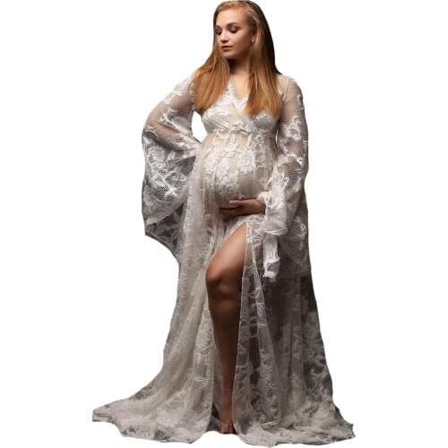 Womens Lace Robe Custom Made Soft Ruffled Long Sleeve Sexy Side Split Pajamas Dresses Maternity Party Gowns Sleepwear Bathrobes