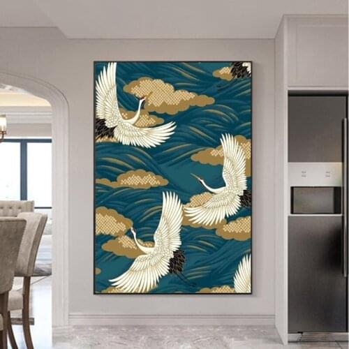 Chinese Style Crane and Clouds Art Canvas Painting Abstract Bird Posters and Prints Wall Art Picture for Living Room Decoration