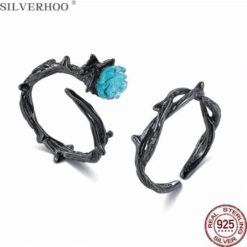 SILVERHOO Rose Thorns 925 Sterling Silver Rings For Women Blue Crystal Rose Flower Vintage Plant Couple Ring Fine Jewelry Gift