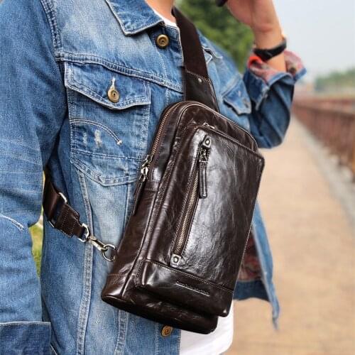 Genuine Leather Mens 7.9-Inch iPad Chest Bag Multi-Function Casual Men Messenger Bags