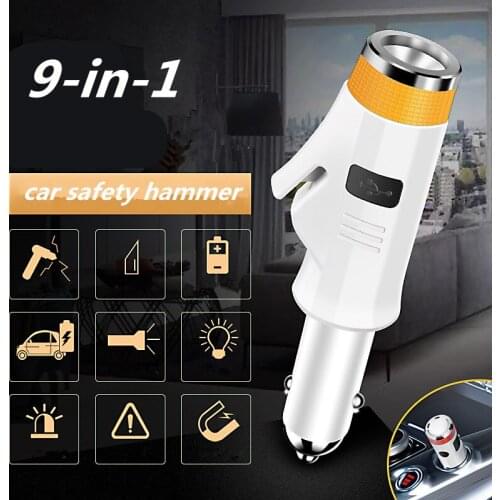 New 9-in-1 car safety hammer 120dB buzzer alarm USB mobile power fast charger car interior atmosphere lamp portable flashlight