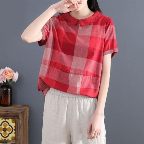 Casual Peter Pan Collar Blouses Cotton Linen Plaid Vintage Shirts Plus Size Summer New Arts Style Women Short Sleeve Loose