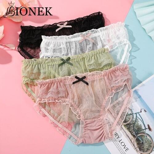 BIONEK Sexy Lace Womens Panties Solid Color Lingerie Cute Bow Hollow Out Transparent Underwear Mid-Waist Breifs Large Size