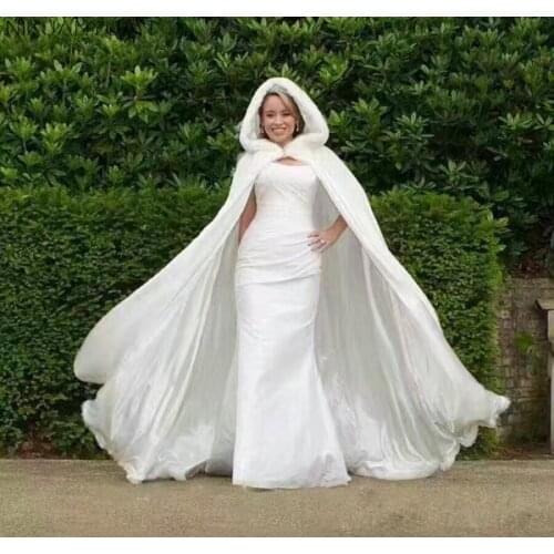 Bridal cloak ivory faux fur trim bridal wedding accessories coat hooded shawl length 170cm from shoulder to trailing
