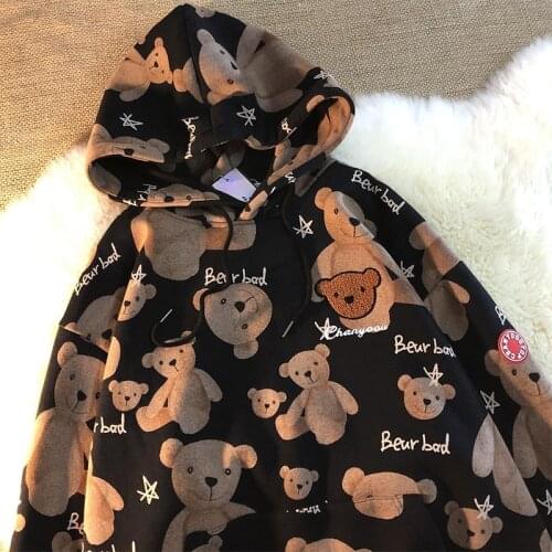 Oversized Korean Sweatshirt Womens Bear Print Embroidered Hoodie Loose Lazy Ins Winter Plush Thick Ladies Sports Tops Kawaii