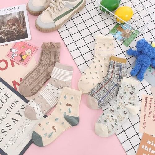 Spring and Autumn Womens Medium Tube All-match Korean Cute Japanese Cartoon Lace Floral Cotton Student Stockings Gray Series