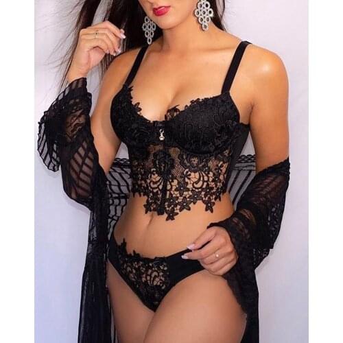 2020 Women Spaghetti Strap Patchwork Sexy Chic Crochet Lace Bra Top & Panties Set Low Cut Sexy Sleeveless