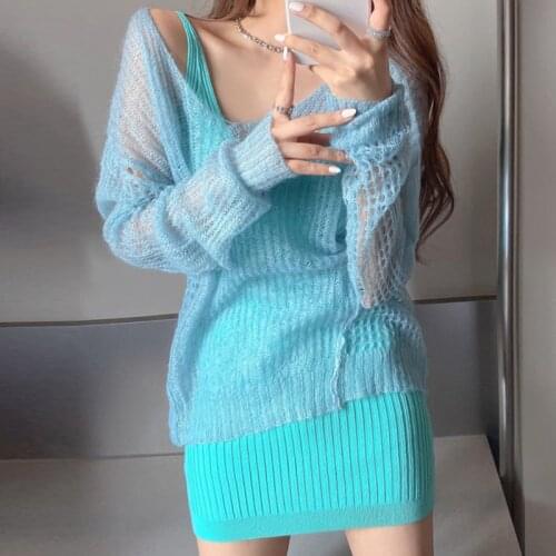 Lady Thin Hollow Out Pullover Long Sleeve Sweaters Solid Light Blue Girl Loose Casual Sweater Autumn Sweet Korean Fashion Cloth